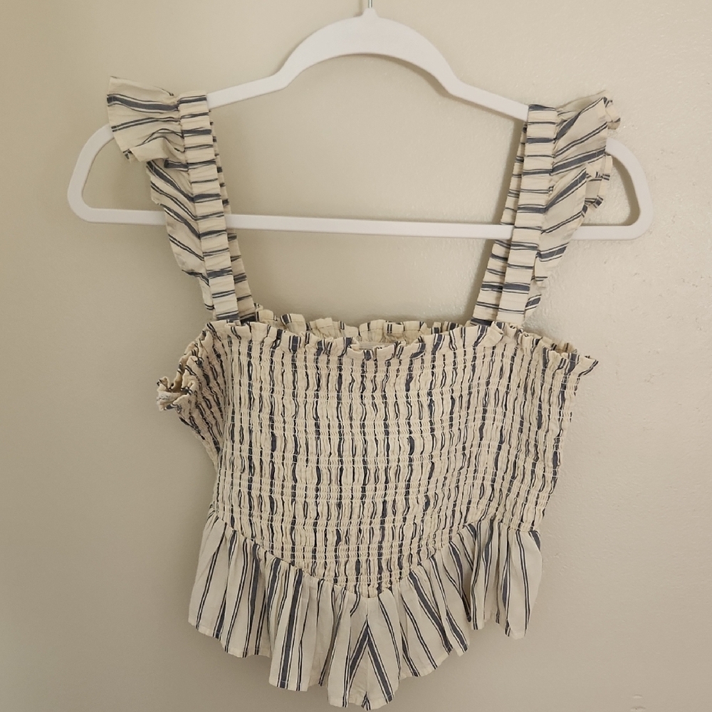 American Eagle Outfitters Cream and Blue Smocked Ruffle Top